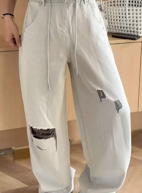 2025夏小众潮牌刀割破洞白色牛仔裤男宽松直筒阔腿拖地弯刀长裤子