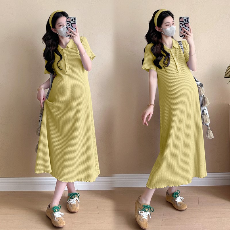 孕妇装夏装短袖翻领针织连衣裙时尚简约休闲怀孕裙子夏季孕妇裙夏