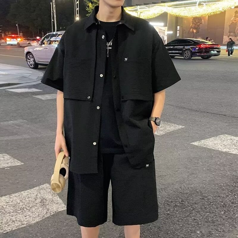 工装衬衫男套装夏季潮冰丝凉感短袖短裤一套搭配帅气休闲运动衣服
