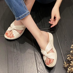 羊皮拖鞋女外穿一字拖夏季u鞋子新款舒适凉鞋露趾防滑沙滩厚底凉