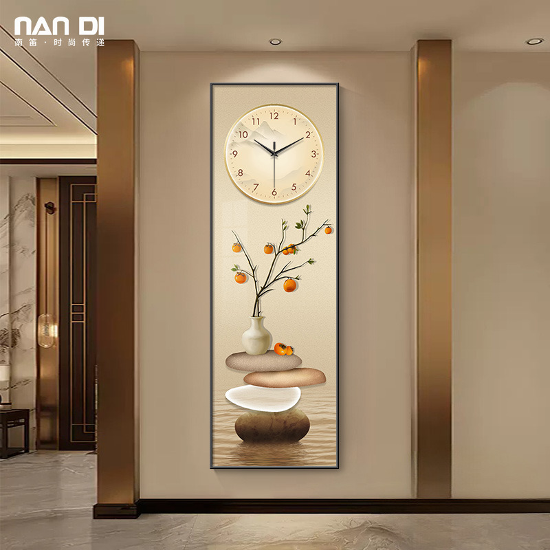 石来运转玄关装饰画钟表挂钟新中式柿柿如意挂画客厅过道时钟挂墙