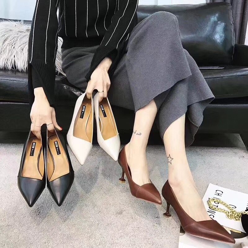 韩版中跟2022年春秋款咖啡色尖头百搭酒杯高跟鞋少女细跟猫跟单鞋,女鞋,浅口单鞋,淘宝优惠券,粉丝福利购,淘宝优惠卷