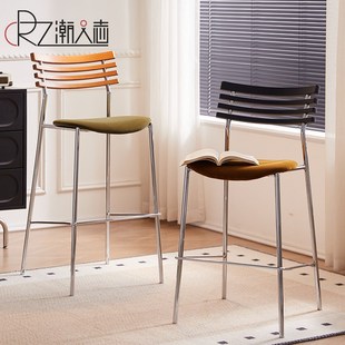 中古实木靠背吧椅家用酒吧椅轻奢现代简约高脚椅轻奢丝绒吧台凳子