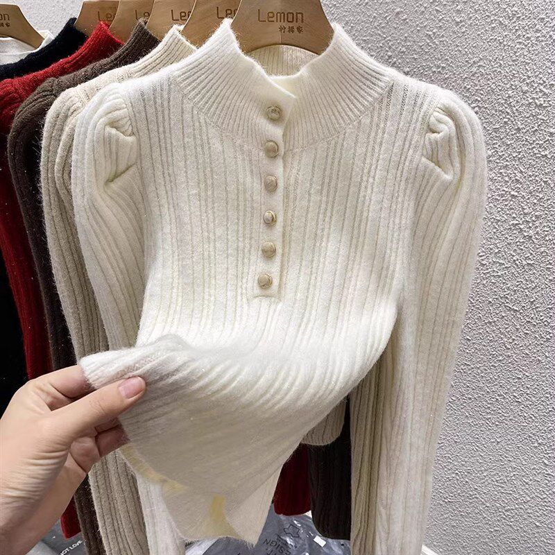 高领毛衣女冬季加厚针织内搭设计感小众泡L泡袖打底衫修身短款上