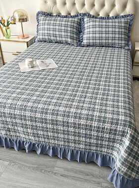 新款格子水洗棉绗缝床盖三件套小清新公主风花边夹棉防滑床单三件