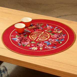 中式餐桌垫防烫隔热茶几杯垫圆形布艺防水餐垫茶桌垫布花瓶垫定制