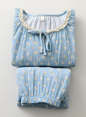 甜美蓝色碎花套头睡衣女纯棉纱细绳收口长袖长裤春夏家居睡眠服薄