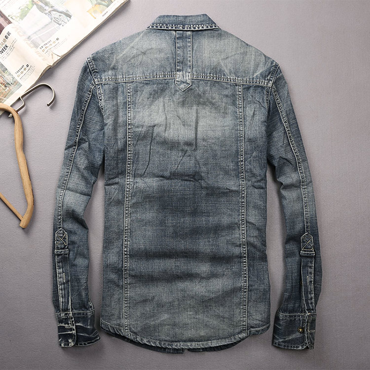 卡威酷潮男春秋装新款肩章牛仔衬衫做旧男士长袖休闲衬衣外套上衣
