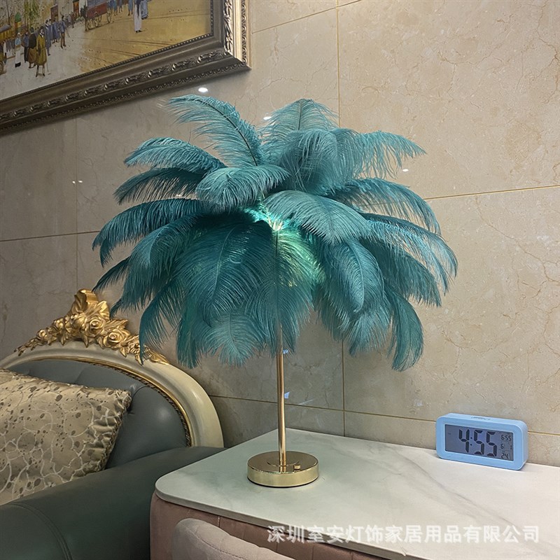 纯手工制作鸵鸟羽毛台灯氛围灯床头灯卧室睡眠灯柔光小夜灯插电