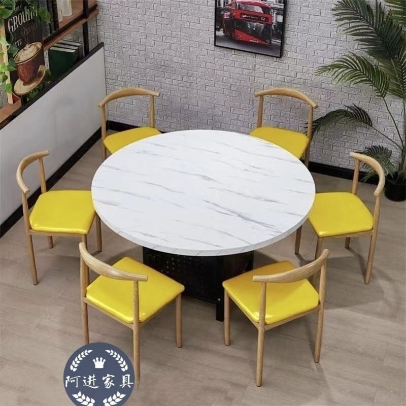 饭店排挡火锅烧烤店圆桌椅组合复古怀旧大圆桌带转盘支持尺寸定制
