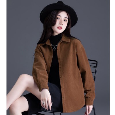 咖色灯芯绒长袖衬衫女2024年新款秋冬季小个子外套高级感条绒上衣
