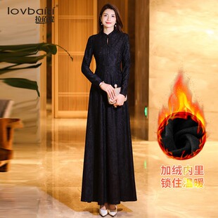黑色长款加绒加厚连衣裙女冬2024新款新中式高级感收腰超长裙1020