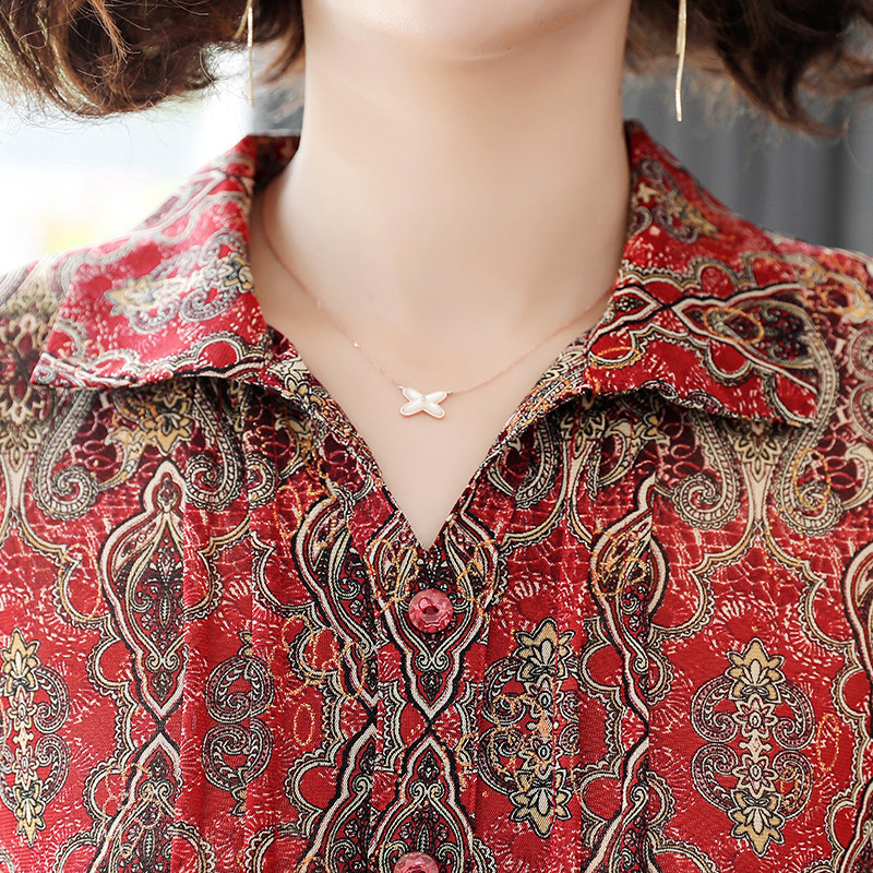 中老年女装夏季薄翻领蕾丝短袖网纱T恤衬衫半开领套头妈妈装上衣