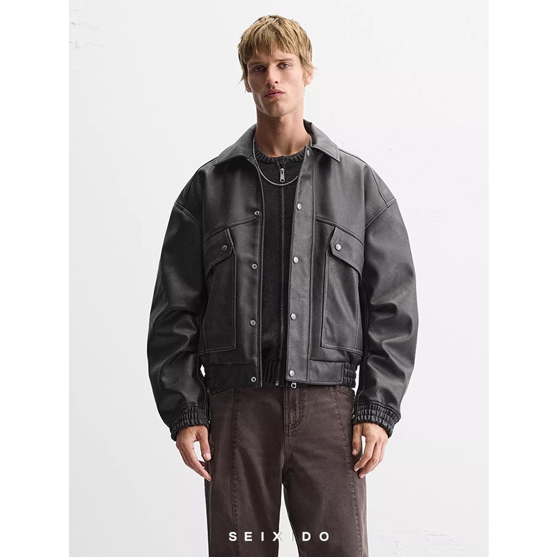 柜699!秋冬新款男装PU翻领宽松仿皮夹克3715411皮衣外套3715/411