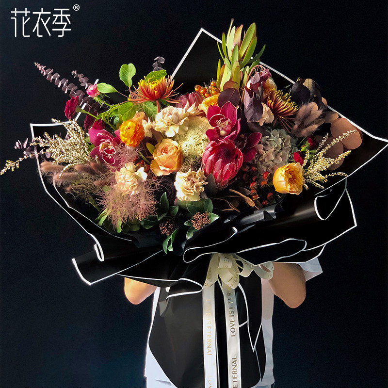 花衣季黑白贵族边框哑光膜防水鲜花花束包装纸玫瑰花包花纸材料