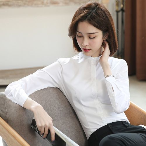 白色小立领职业装长袖衬衫女秋冬新款加绒工作服正装加厚保暖衬衣