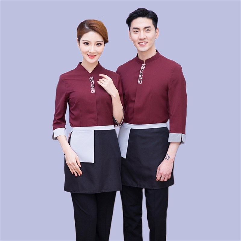 酒饭店工服夏春装茶楼中式餐厅农庄男女服务员七分袖上班专业绣字