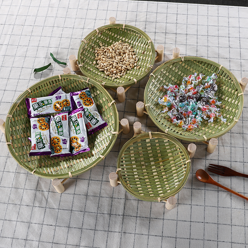 竹编托盘馒头筐水果盘桌面竹篮子带架子点心篮竹青编织创意竹制品