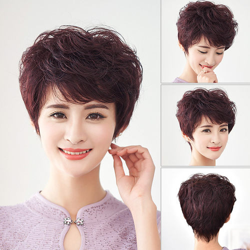 假发女短发中老年短发蓬松卷发送妈妈全头式真发斜刘海自然假发套
