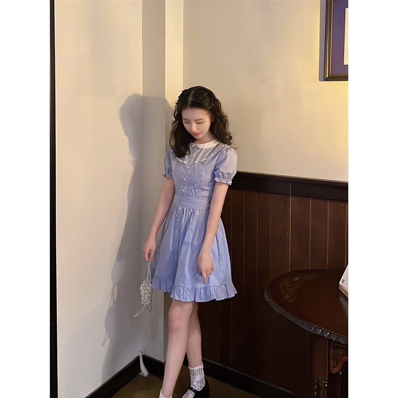 suii学院风蓝色条纹连衣裙娃娃领蝴蝶结收腰荷叶边下摆a字娃娃裙