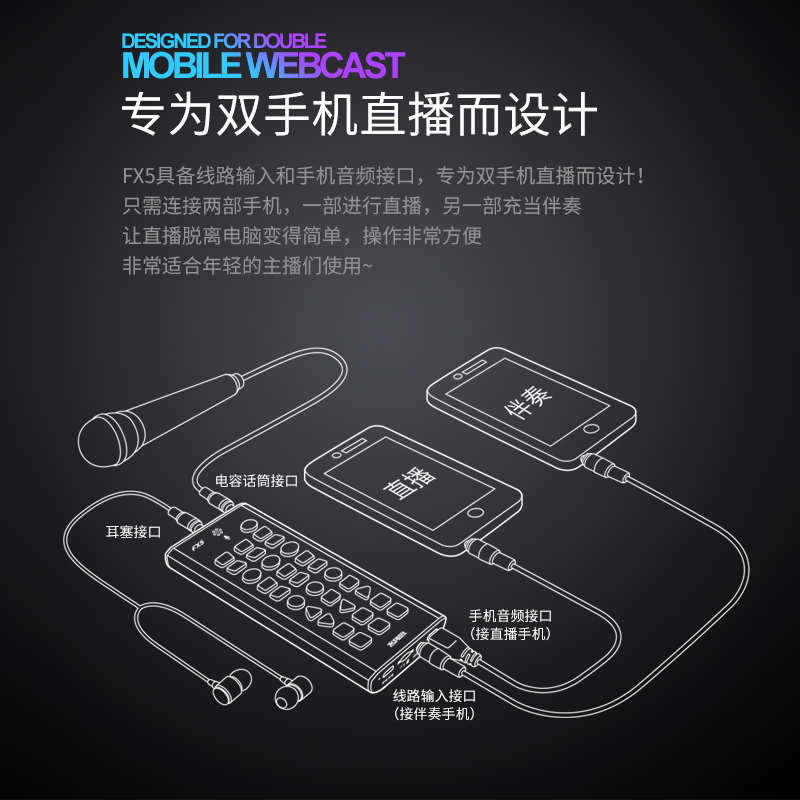 客所思FX5手机直播声卡电音喊麦唱歌网红直播网络K歌设备主持聊天