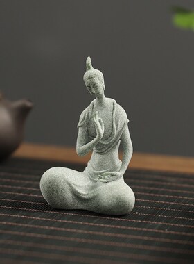 中式禅意释迦摩尼佛桌面摆件纯手工青砂石茶宠工艺品桌面茶道茶宠