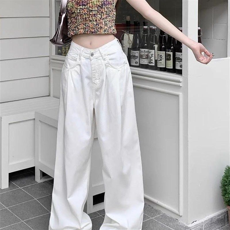 白色牛仔长裤女早春2025新款低腰宽松直筒裤垂感阔腿拖地休闲裤子