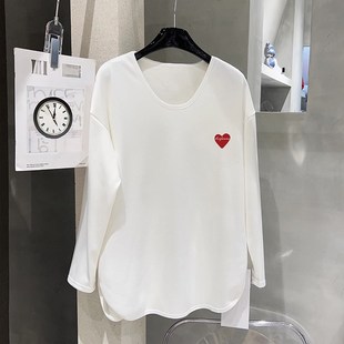 打底衫女白色内搭秋冬u领宽松中长款加绒大码胖mm长袖上衣显瘦女