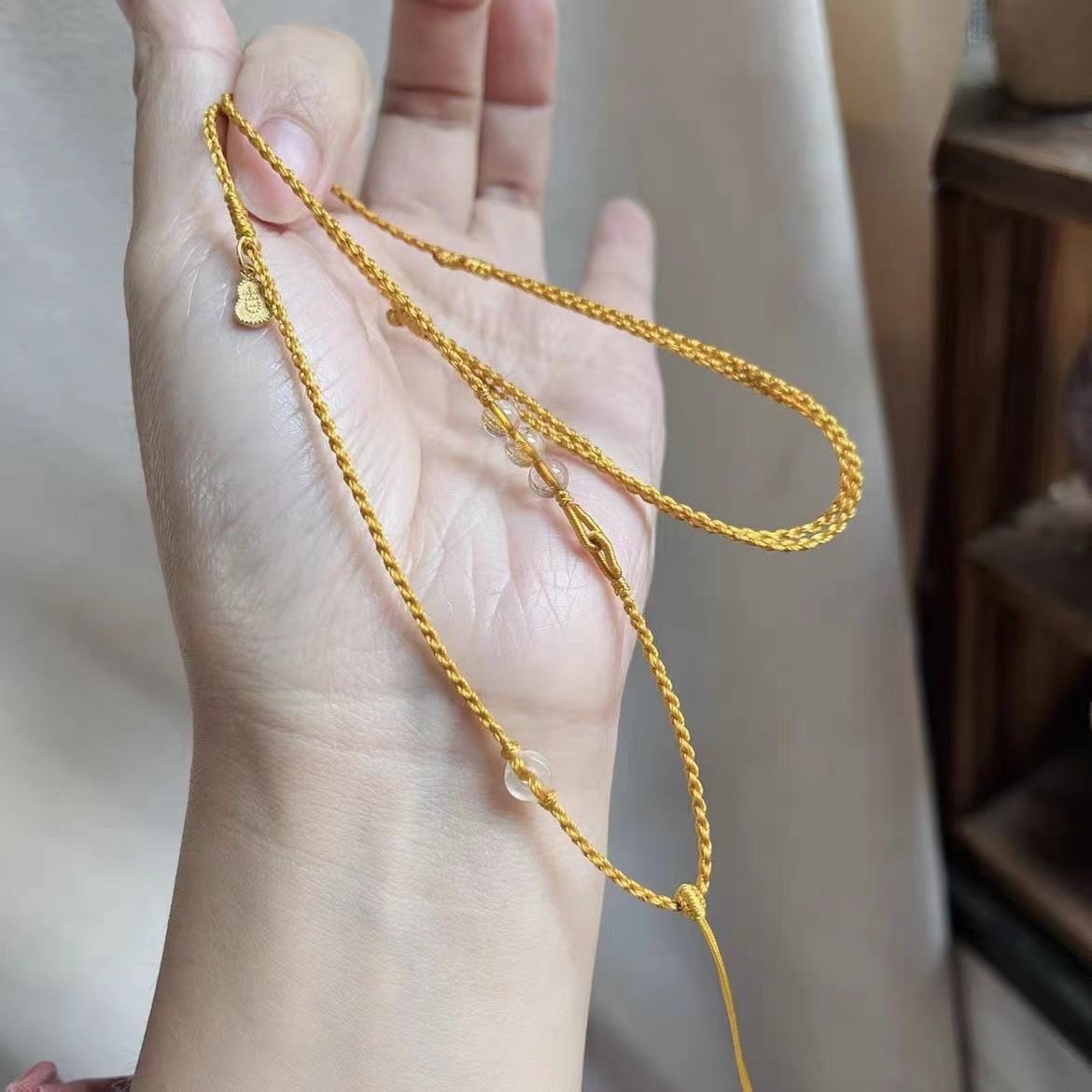 原创手工编金黄线小香风项链绳女可调节挂喜上眉梢福包锁吊坠绳