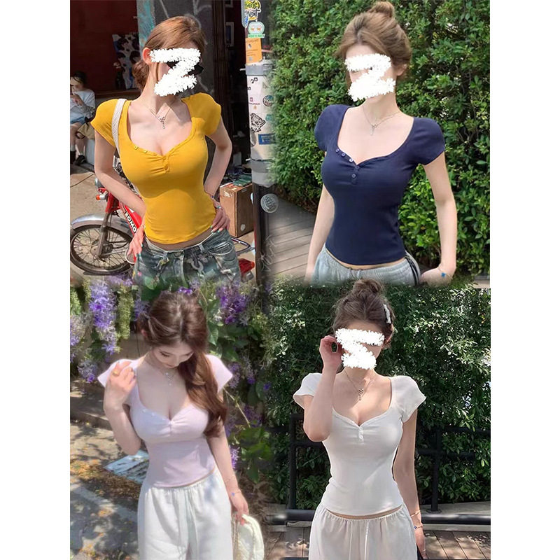 韩系纯欲桃心领弹力短袖T恤女夏季高级感灰色辣妹修身短款打底衫
