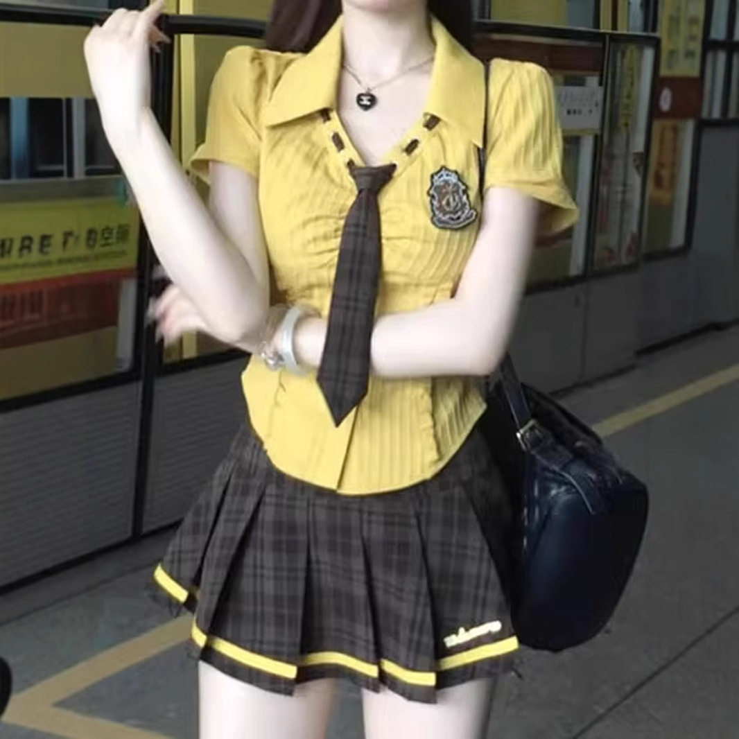纯欲美式学院风jk制服套装女夏日性感辣妹衬衫短款上衣百褶短裙子