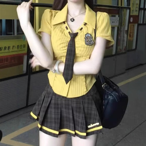 纯欲美式学院风jk制服套装女夏日性感辣妹衬衫短款上衣百褶短裙子