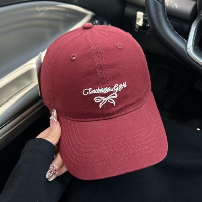 甜美日系蝴蝶结刺绣棒球帽女韩版大头围显脸小宽帽檐百搭鸭舌帽子