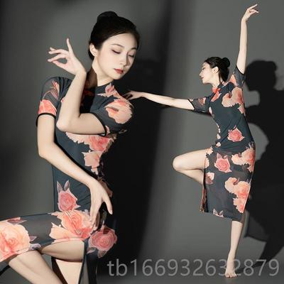 正品旗袍舞蹈服024新开款练功服2力网纱弹专用国风表演演出服高叉