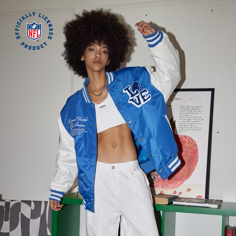 NFL美橄超级碗美式复古运动夹克棉服 刺绣插肩撞色拼接棒球服外套