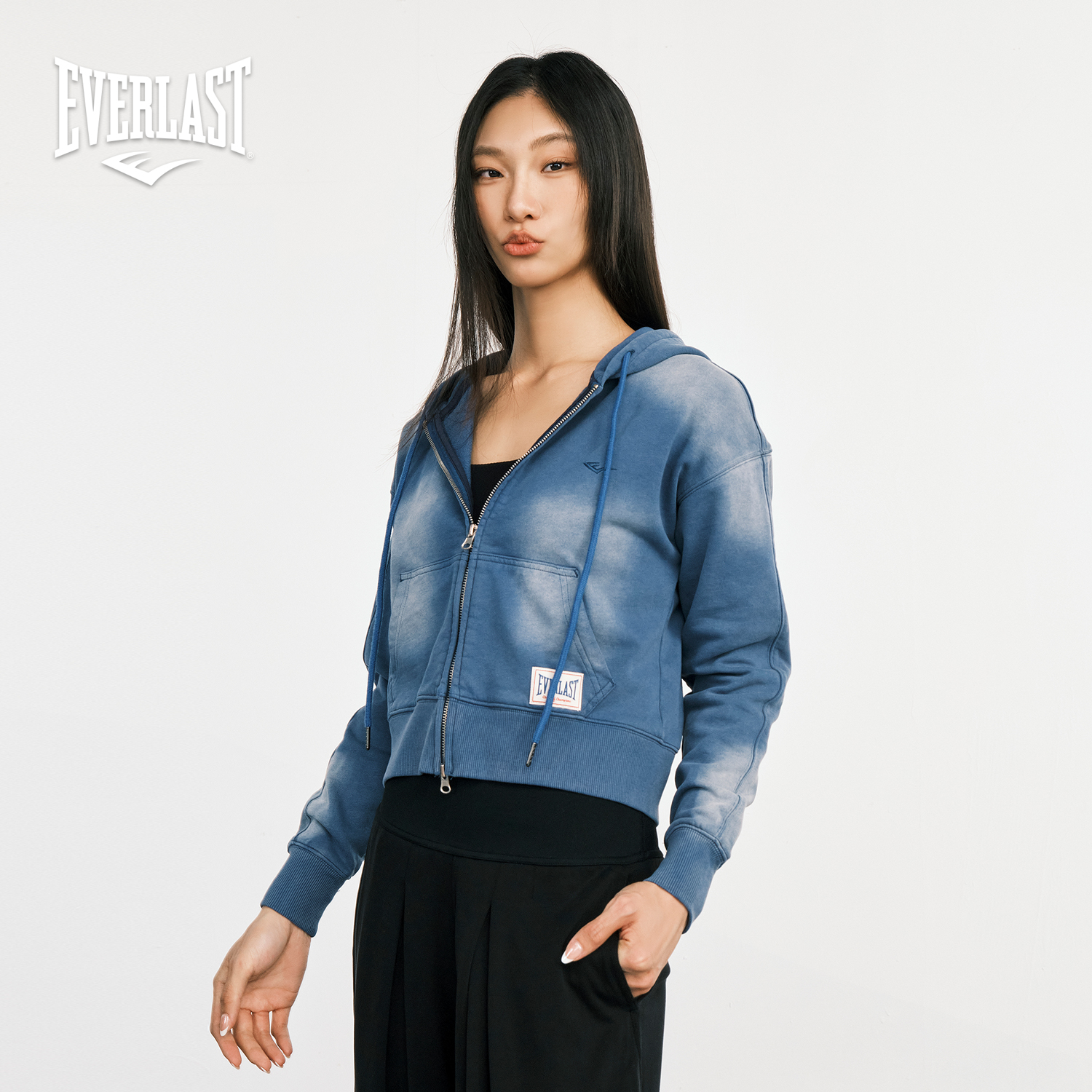 美国EVERLAST拳击高街运动美式复古女款纯棉水洗牛仔夹克连帽外套