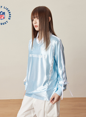 NFL美橄超级碗NY巨人队长袖 美式复古蕾丝蝴蝶织带蓝色POLO球衣女