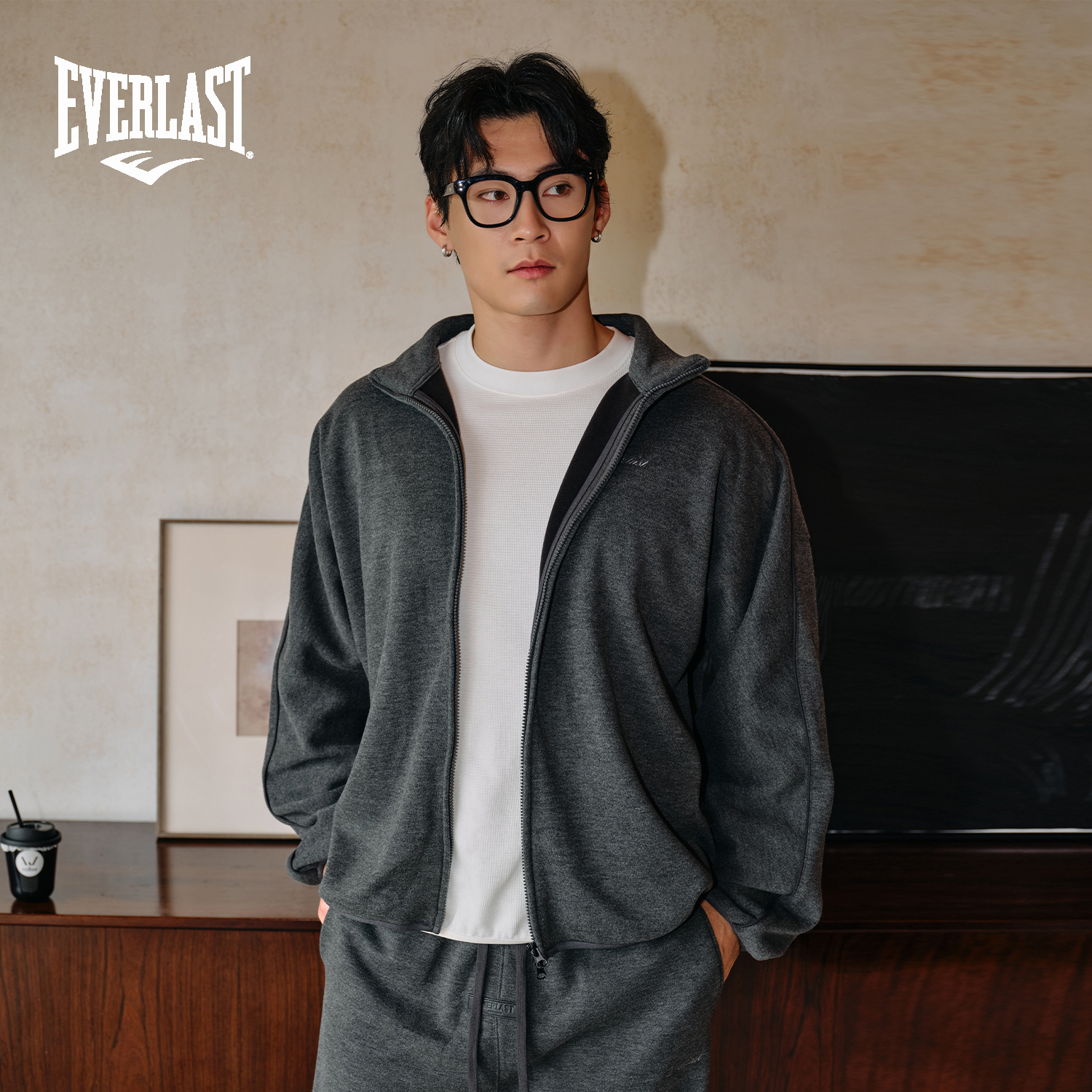 美国EVERLAST拳击运动训练休闲开衫卫衣保暖秋冬简约加绒高领外套