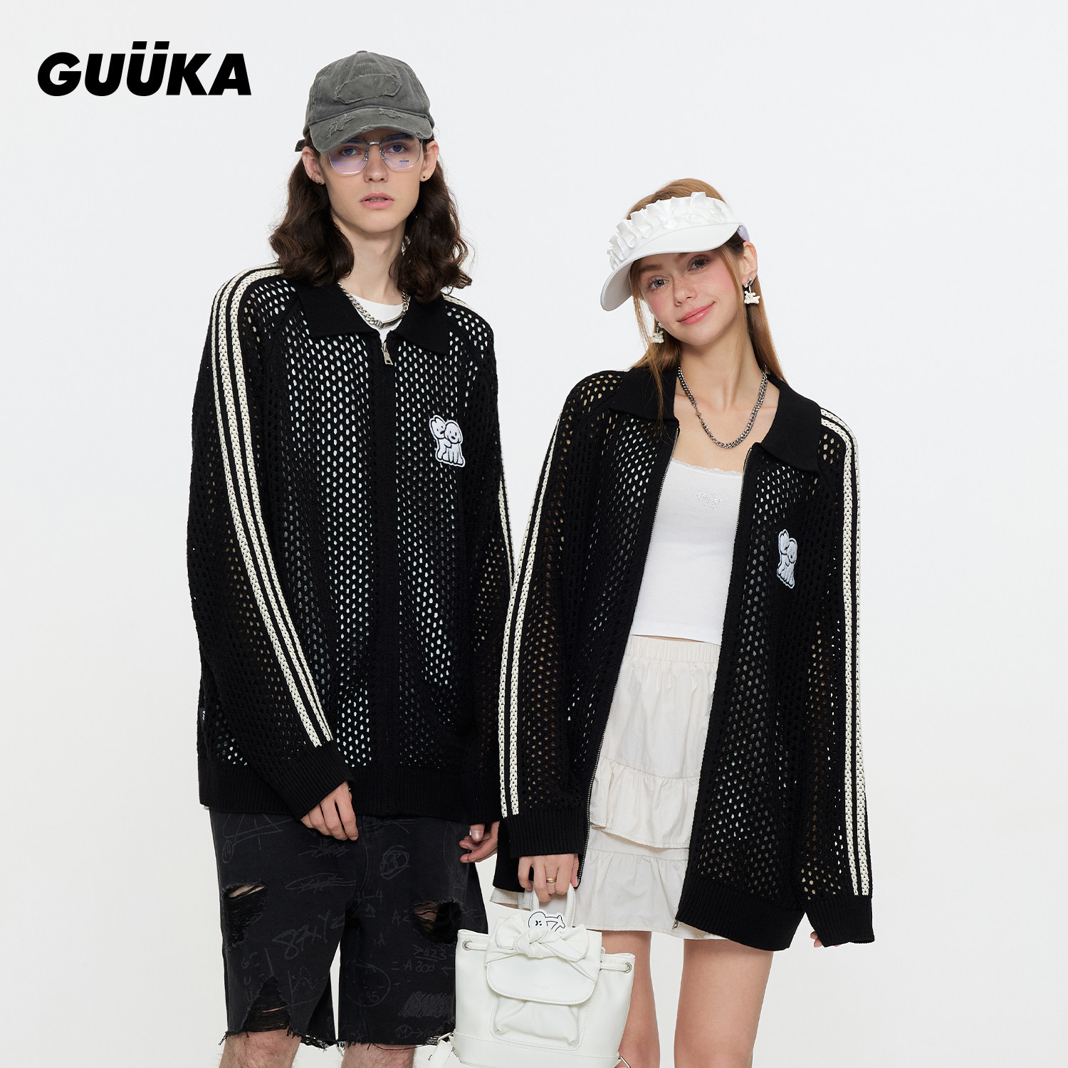 GUUKA&matsui联名黑色小狗刺绣镂空针织衫男字母提花正肩毛衣外套