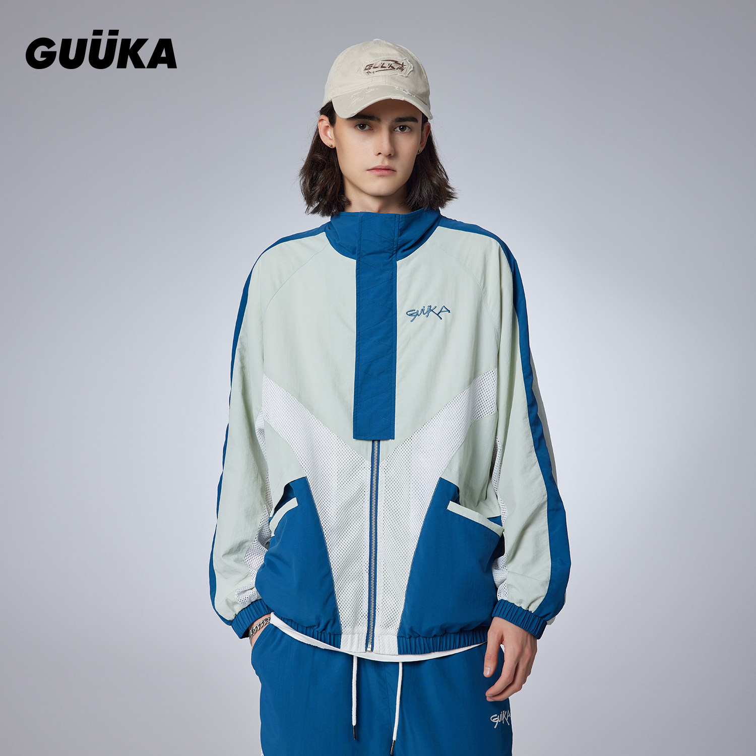 【防水尼龙】GUUKA蓝色半高领夹克男撞色拼接网眼外套 户外运动服