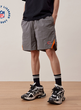 NFL美橄超级碗芝加哥熊队 美式运动宽松撞色拼接印花灰色沙滩短裤