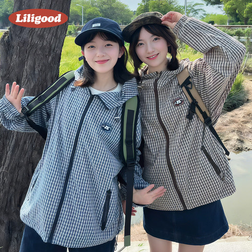 LILIGOOD复古撞色格子连帽外套男女同款美式运动休闲宽松防风夹克