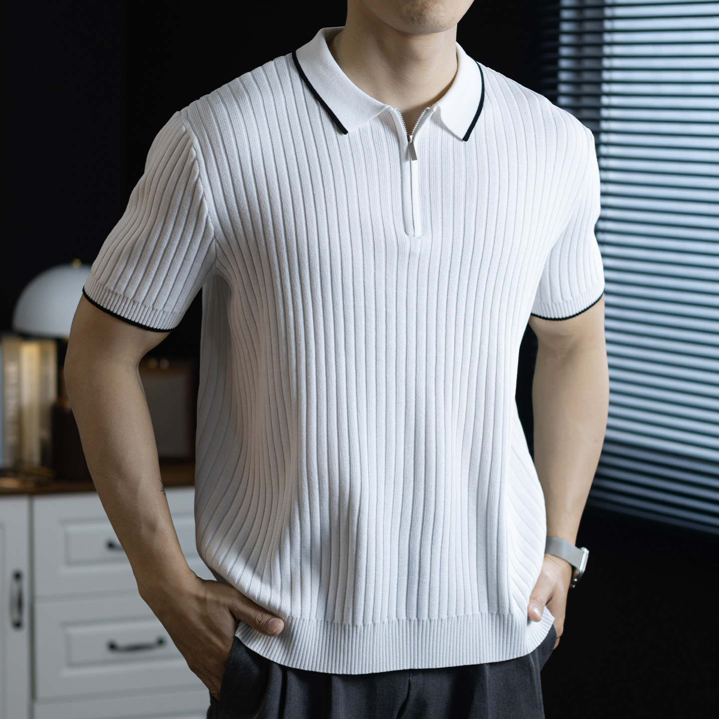 法国高端老钱风针织坑条Polo衫短袖男半拉链设计翻领商务休闲t恤