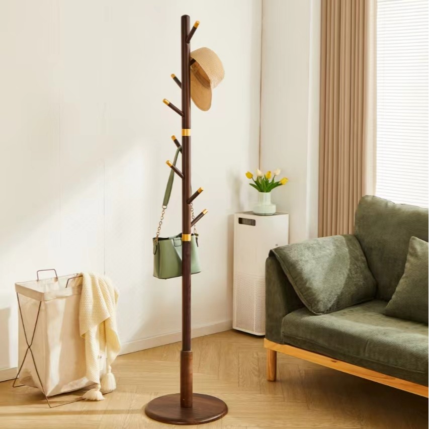 实木衣帽架落地卧室挂衣架单杆式衣架简约现代铜素款家用衣服架子