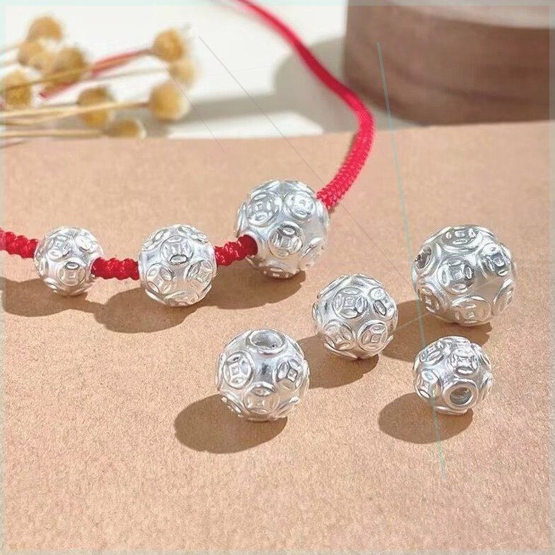 999纯银转运珠金钱珠diy串珠3d硬银路路通饰品钱币珠币足银配件
