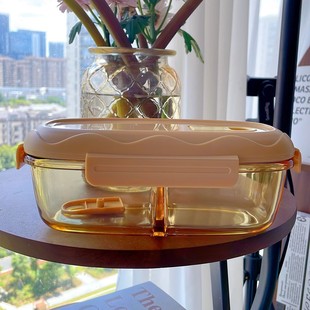 琥珀原色高硼硅玻璃椭圆分格840ml保鲜饭盒家用密封微波炉专用