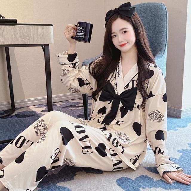 睡衣女春秋季长袖V领甜美可爱蝴蝶结大码公主款家居服秋冬款套装,女士内衣/男士内衣/家居服,睡衣/家居服套装,淘宝优惠券,粉丝福利购,淘宝优惠卷