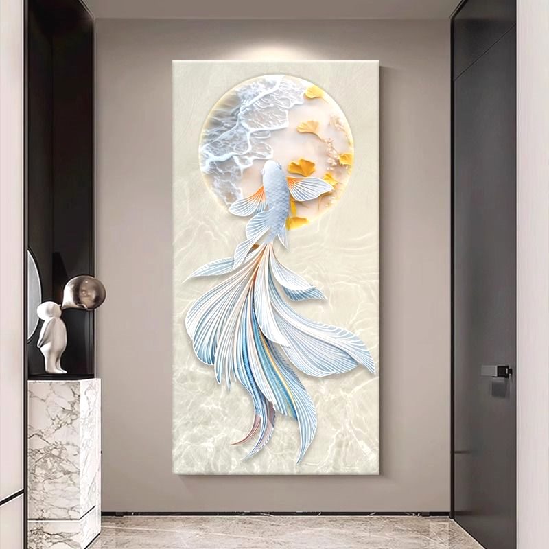 3d立体浮雕玄关挂画走廊过道灯光现代砂岩九鱼聚财入户客厅装饰画图片