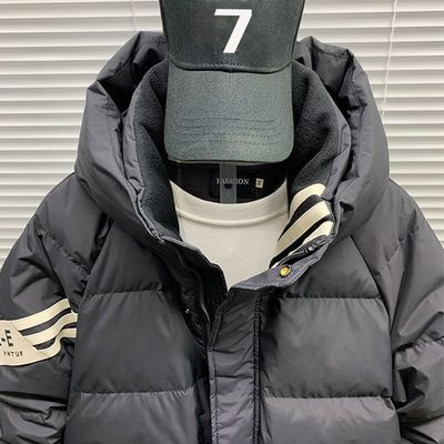 羽绒服男中长款2025年冬季新款青少年潮牌条纹白鸭绒宽松加厚外套