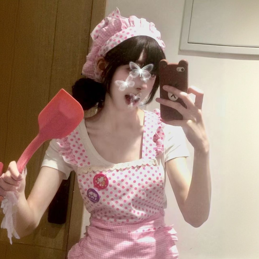 新款甜美小厨娘围裙套装可爱少女防水围裙花边波点绑带家用围裙